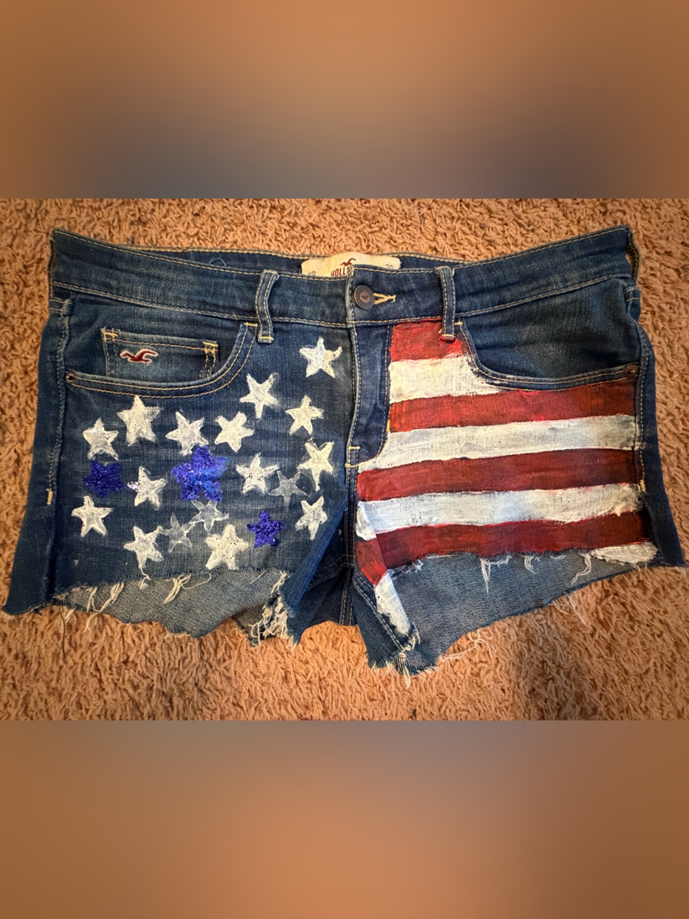 Hollister Women's Flag-Print Distressed Denim Shorts - Blue, Red, White